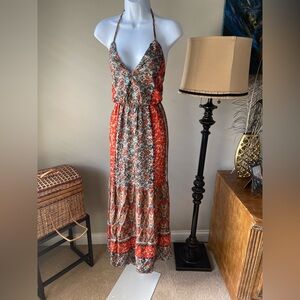 Multicolored Plunge Neck Ruched Tiered Maxi Dress Size L